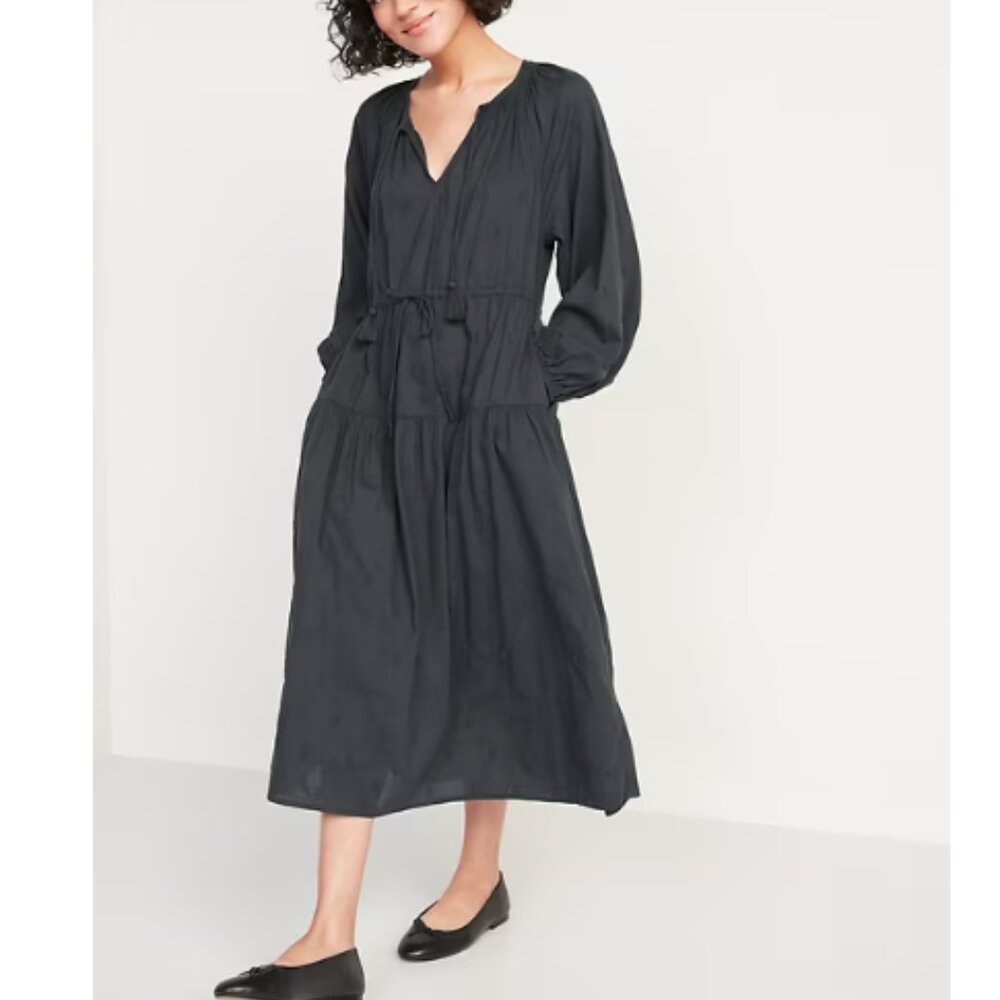 Old Navy Waist-Defined Embroidered Long-Sleeve Midi Dress Size Small